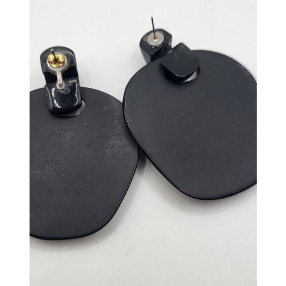 Vintage 80s Shiny Matte Black Post Stud Earrings 2.5in - Picture 3 of 4